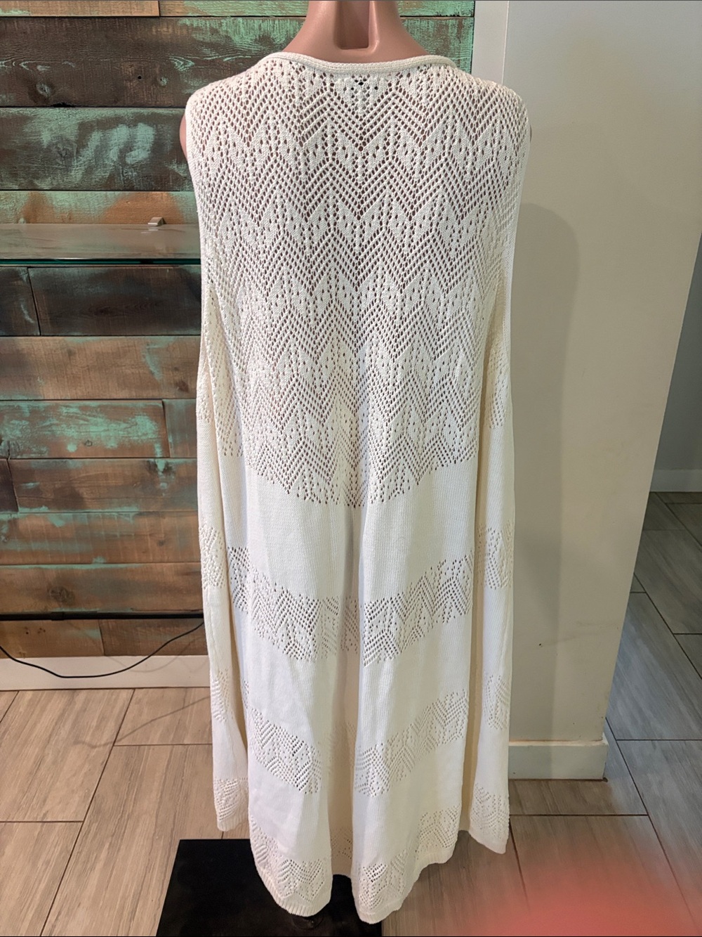 Elegant Cream Open-Knit Long Cardigan